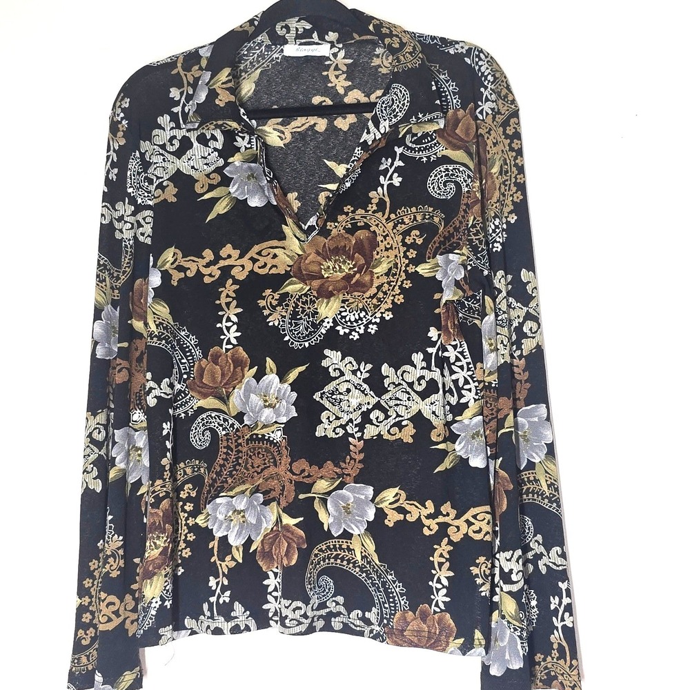 Vintage Y2K Biaggi Boho Sheer Mesh Floral Top Long Sleeve Stretch‎ Blouse Sz L